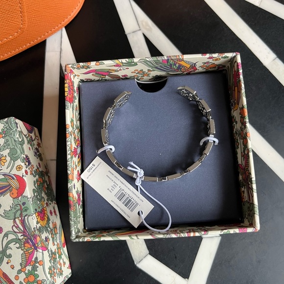 Tory Burch Silver Hexagon Frozen Logo Cuff Bracelet - Picture 3 of 5